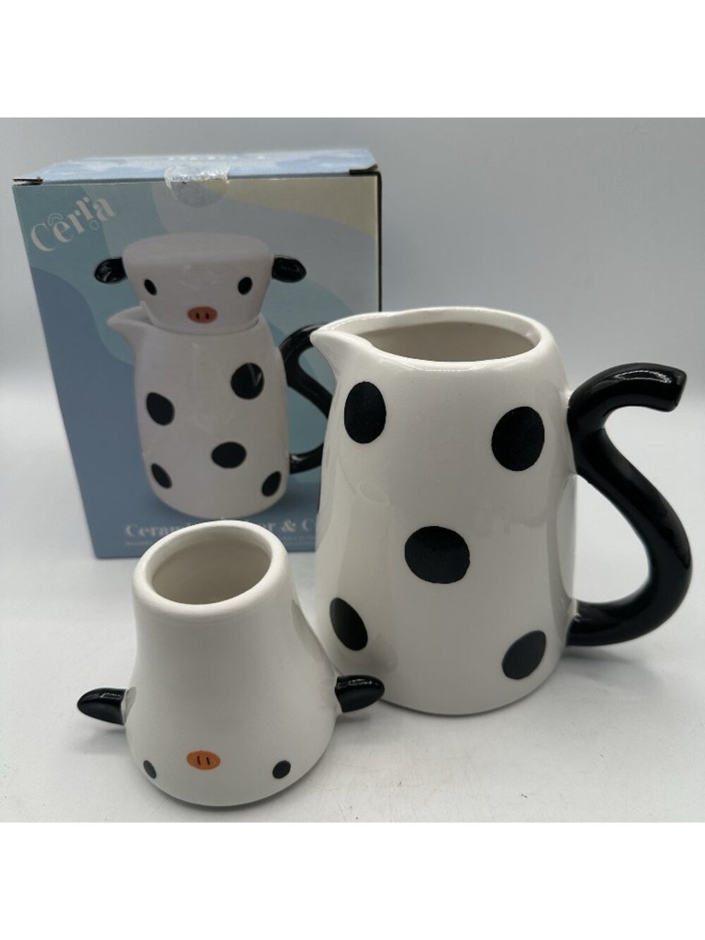 Cow Ceramic Pitcher & Cup Set Black White Polka Dot Farmhouse Tea Mug Decor